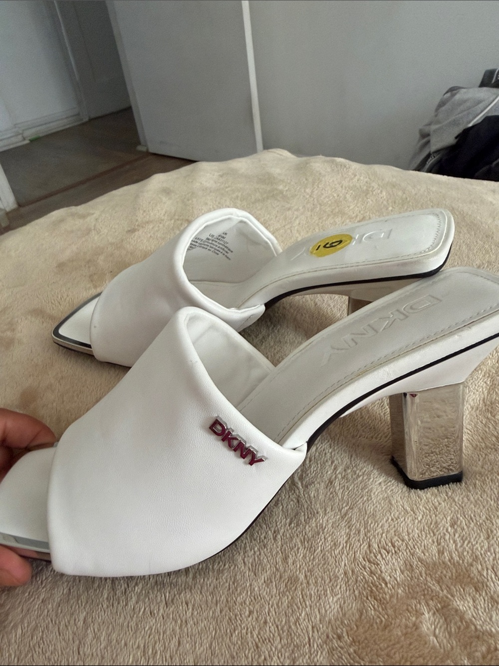 DKNY White Slide Mules with Metallic Block Heel